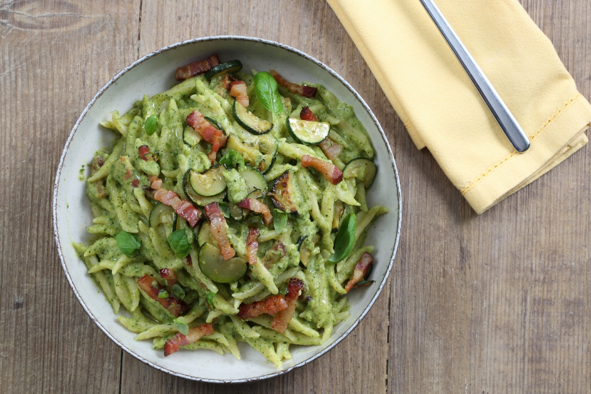 Trofie à la crème de courgettes et lardons