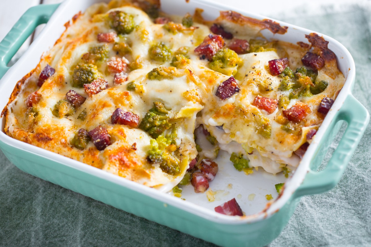 Lasagnes au chou-fleur romanesco et pancetta